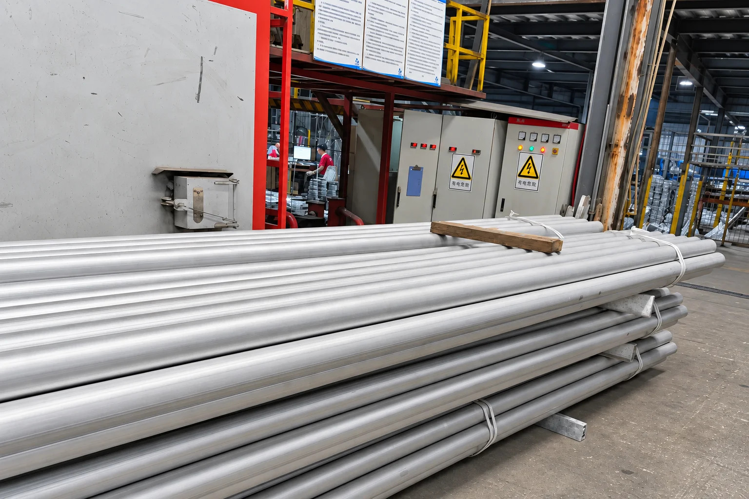 Bundled long aluminium profiles beside electrical control cabinets in the Omalco factory