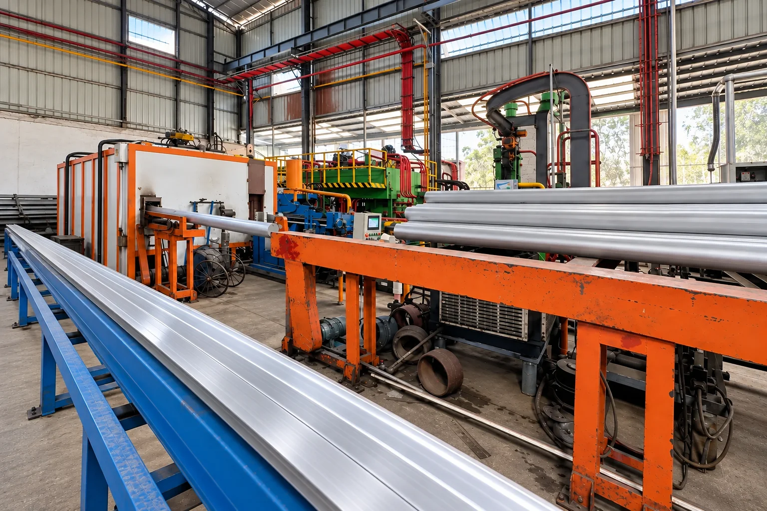 Lengthwise view along the Omalco extrusion line and aluminium profile handling table