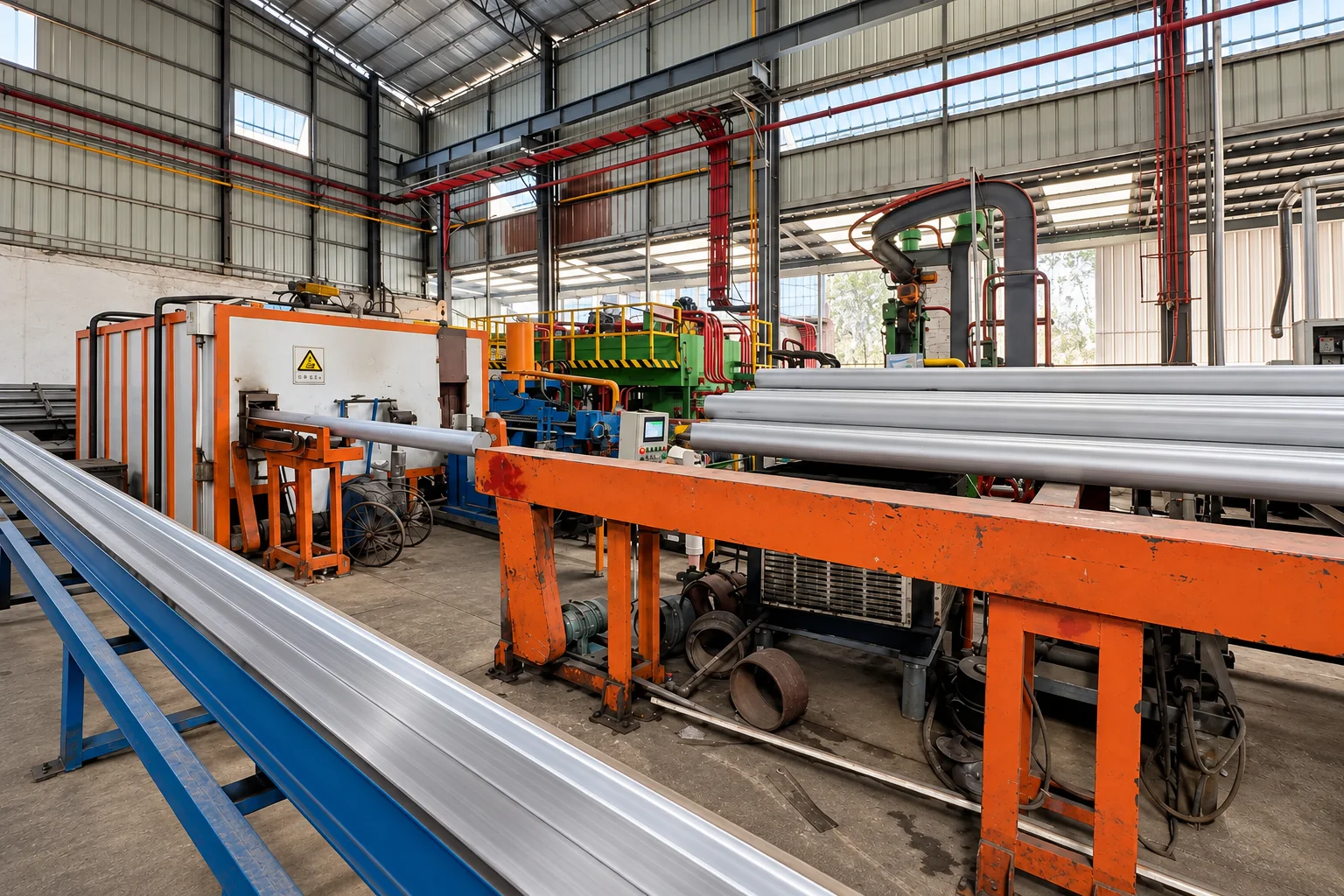 Aluminium profiles on the orange handling line inside the Omalco factory