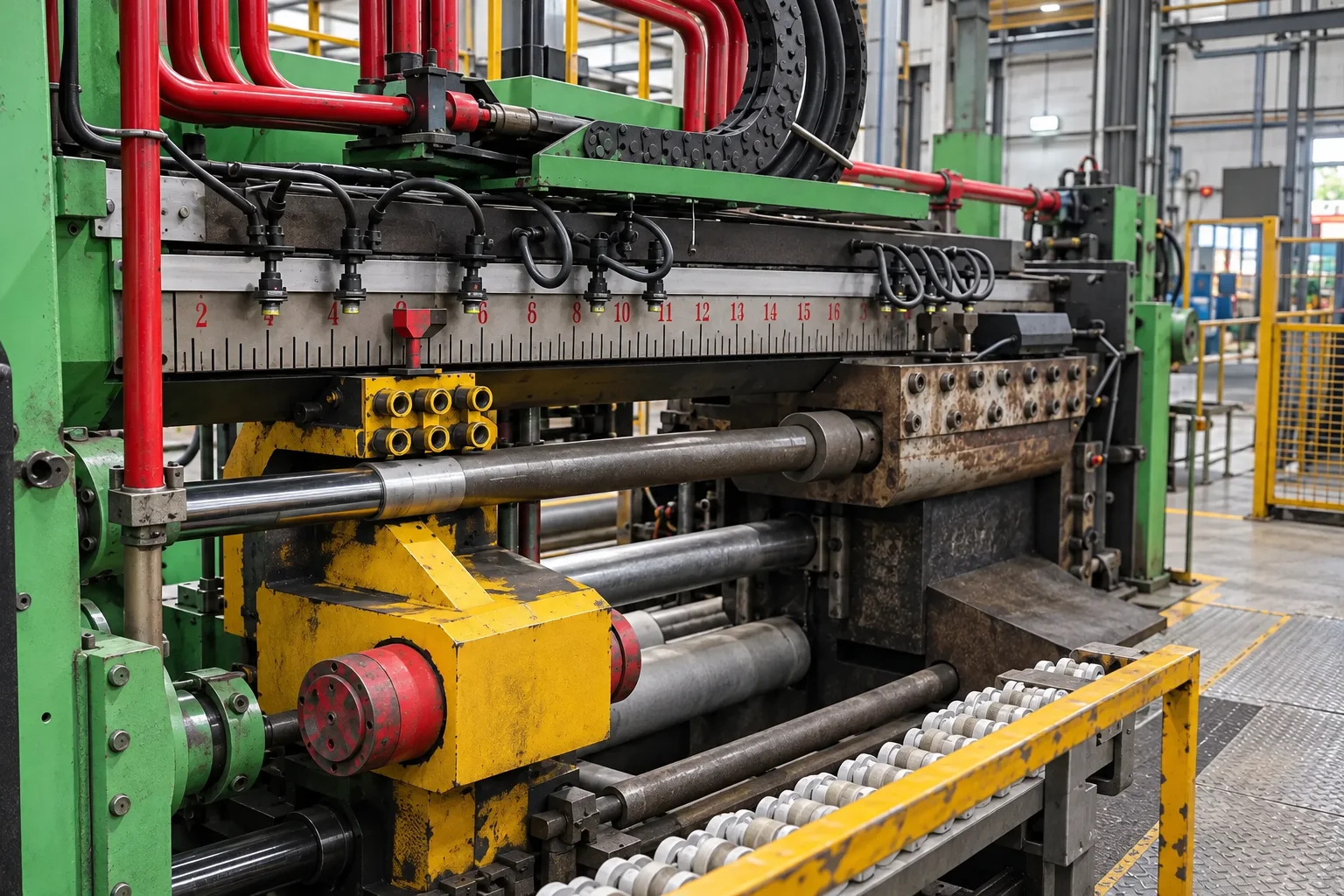 Operator-side angle of the Omalco extrusion press, hydraulic lines and profile rollers