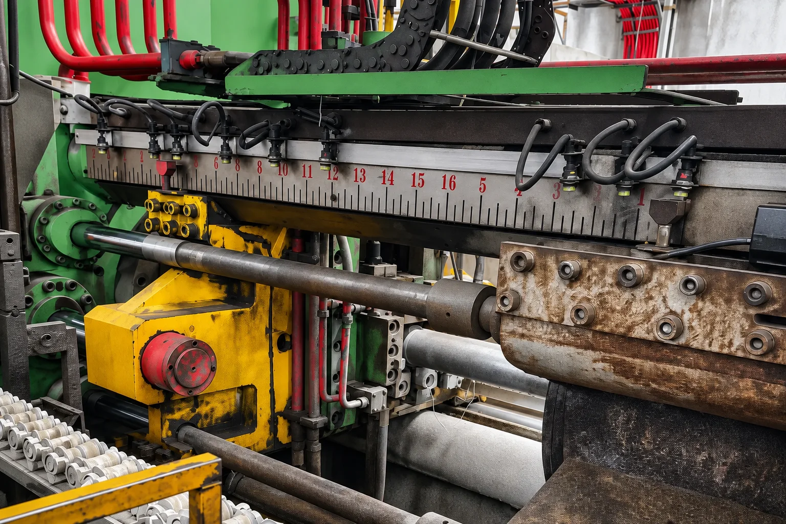 Close view of the extrusion press mechanism, hydraulic lines and machine scale