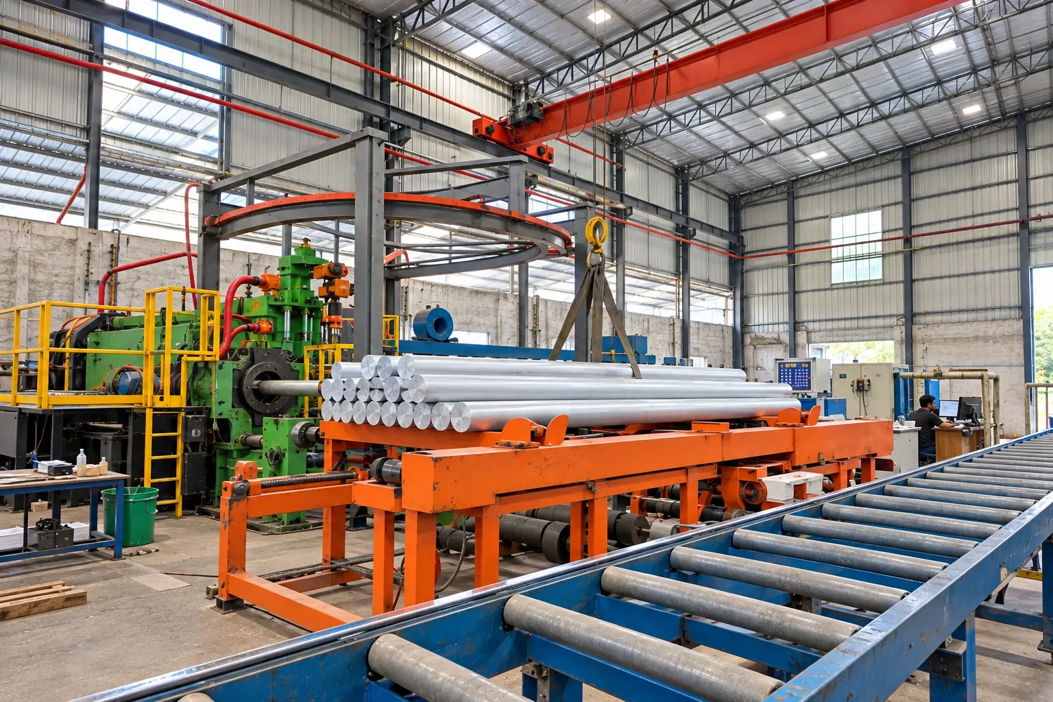 Opposite-corner view of Omalco extrusion equipment, handling line and overhead crane