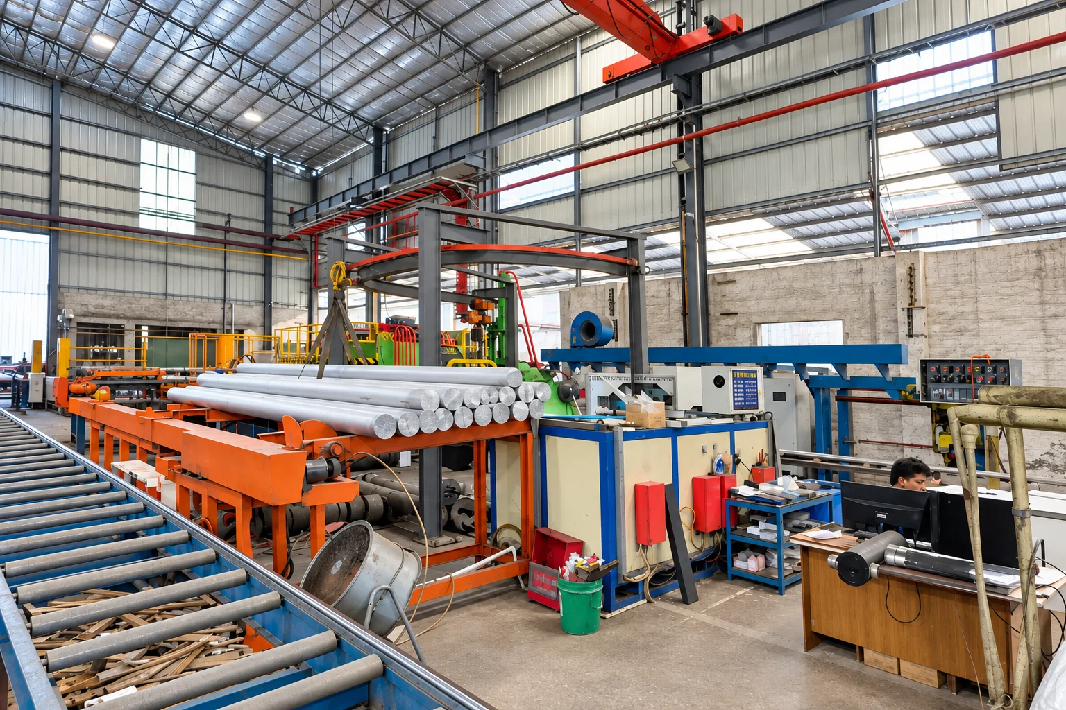 Omalco production floor with overhead crane, profile handling equipment and operator station