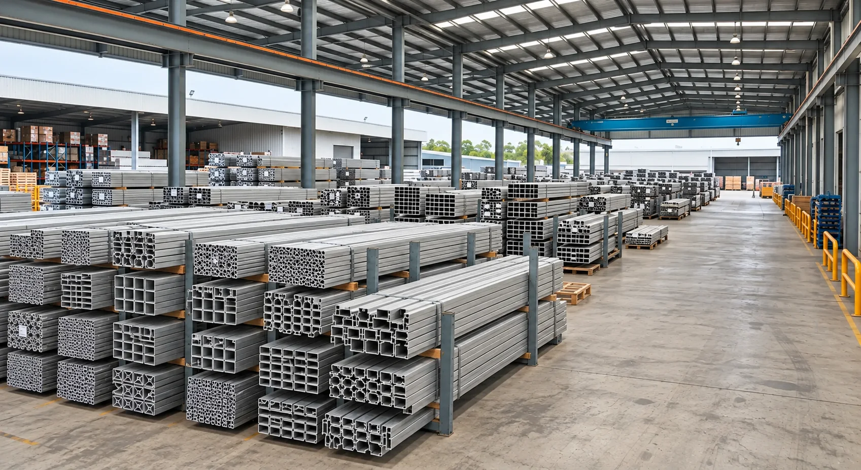 Wide entrance view across organised bundles of aluminium extrusion profiles in the Omalco stockyard