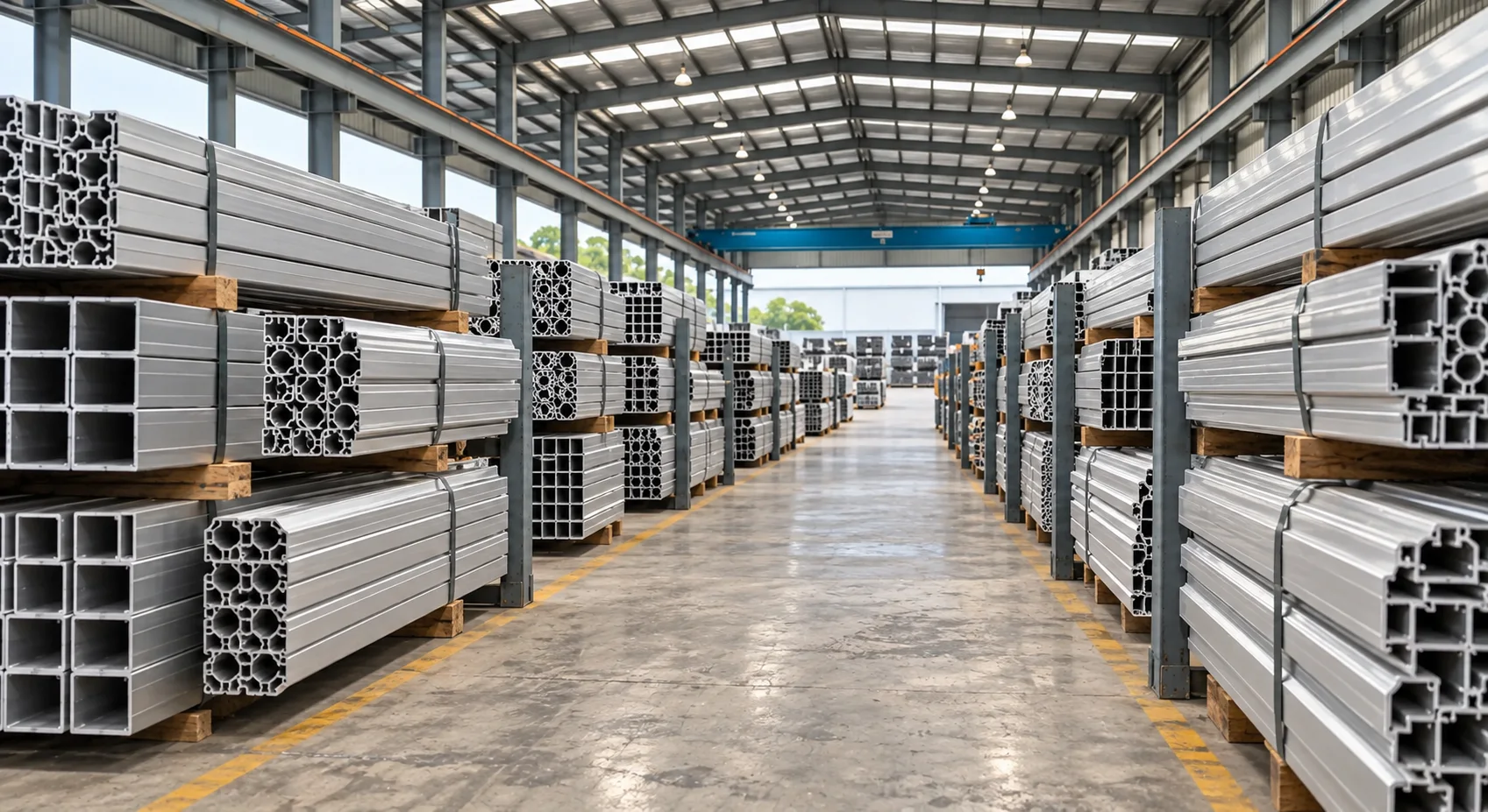 Low aisle view between bundled aluminium profiles leading toward the stockyard crane