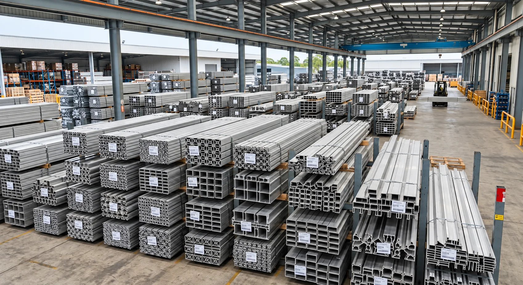 Warehouse stockyard filled with organised bundles of aluminium extrusion profiles