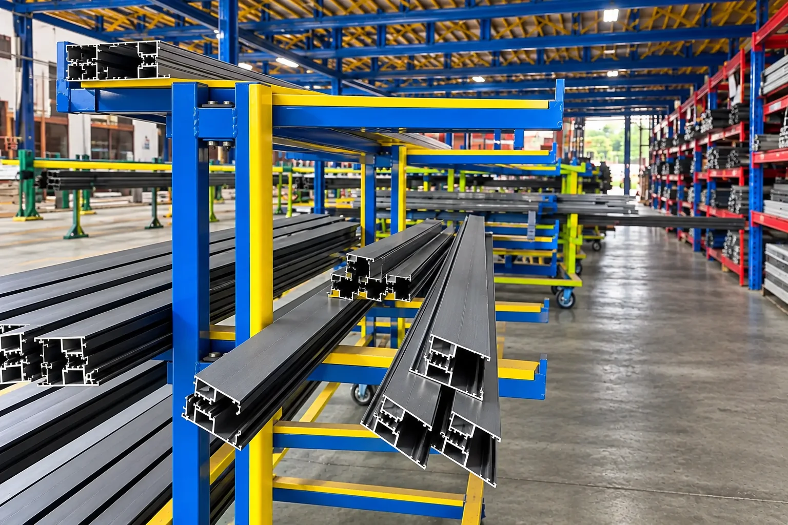 Aisle-level view through Omalco blue and yellow racks holding aluminium profiles