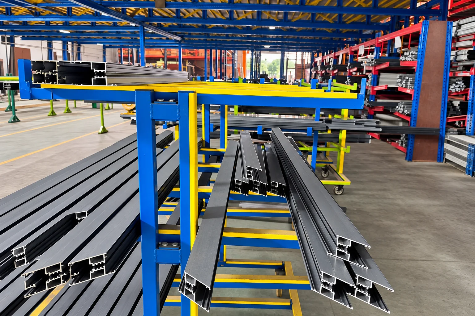 Long aluminium profiles stored on blue and yellow racks inside the Omalco factory