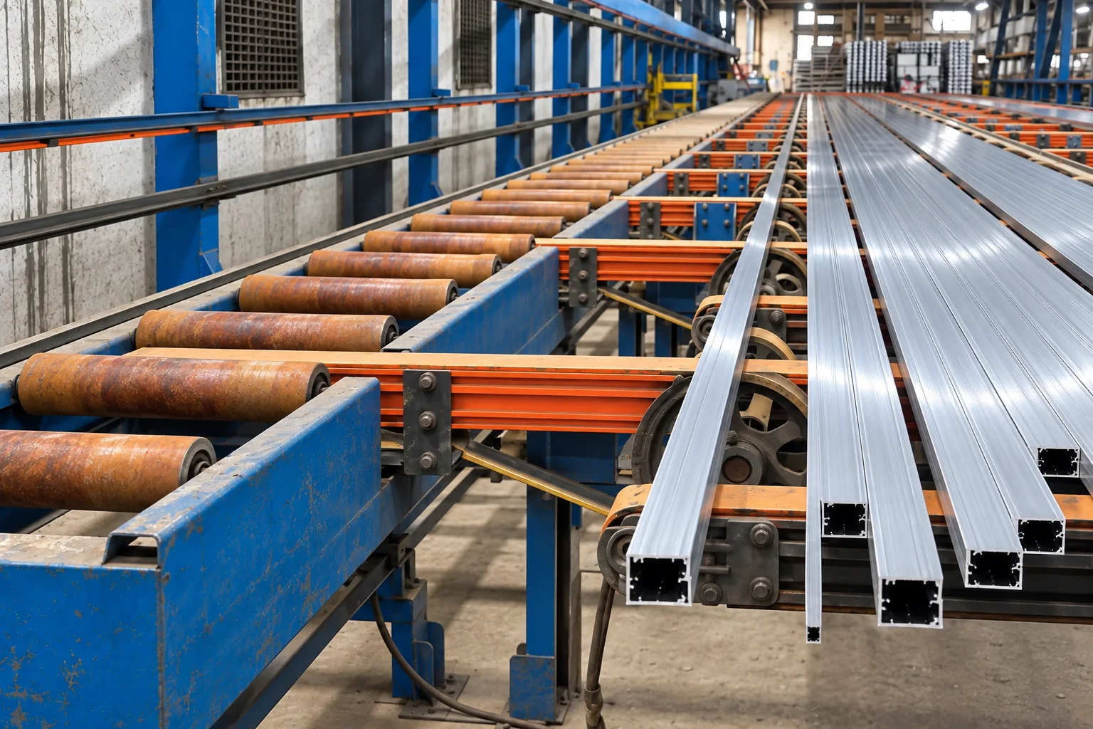 Close side view of rollers, support frames and aluminium profiles on the Omalco runout table