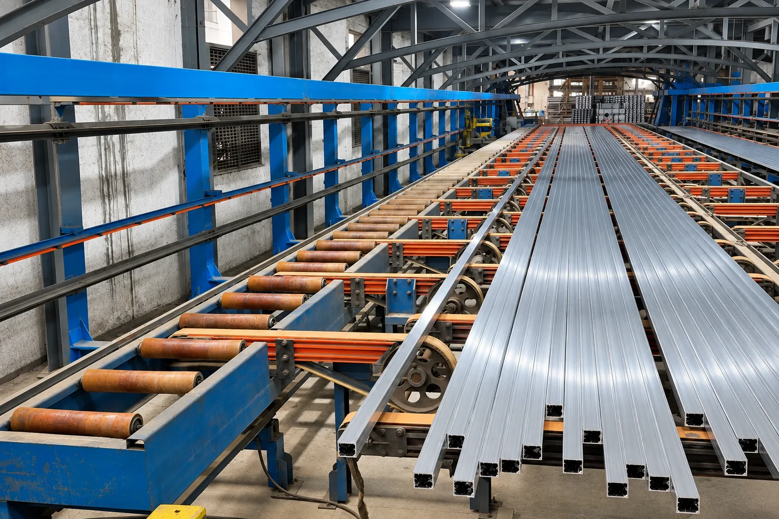 Long aluminium extrusions travelling across the factory runout and handling table