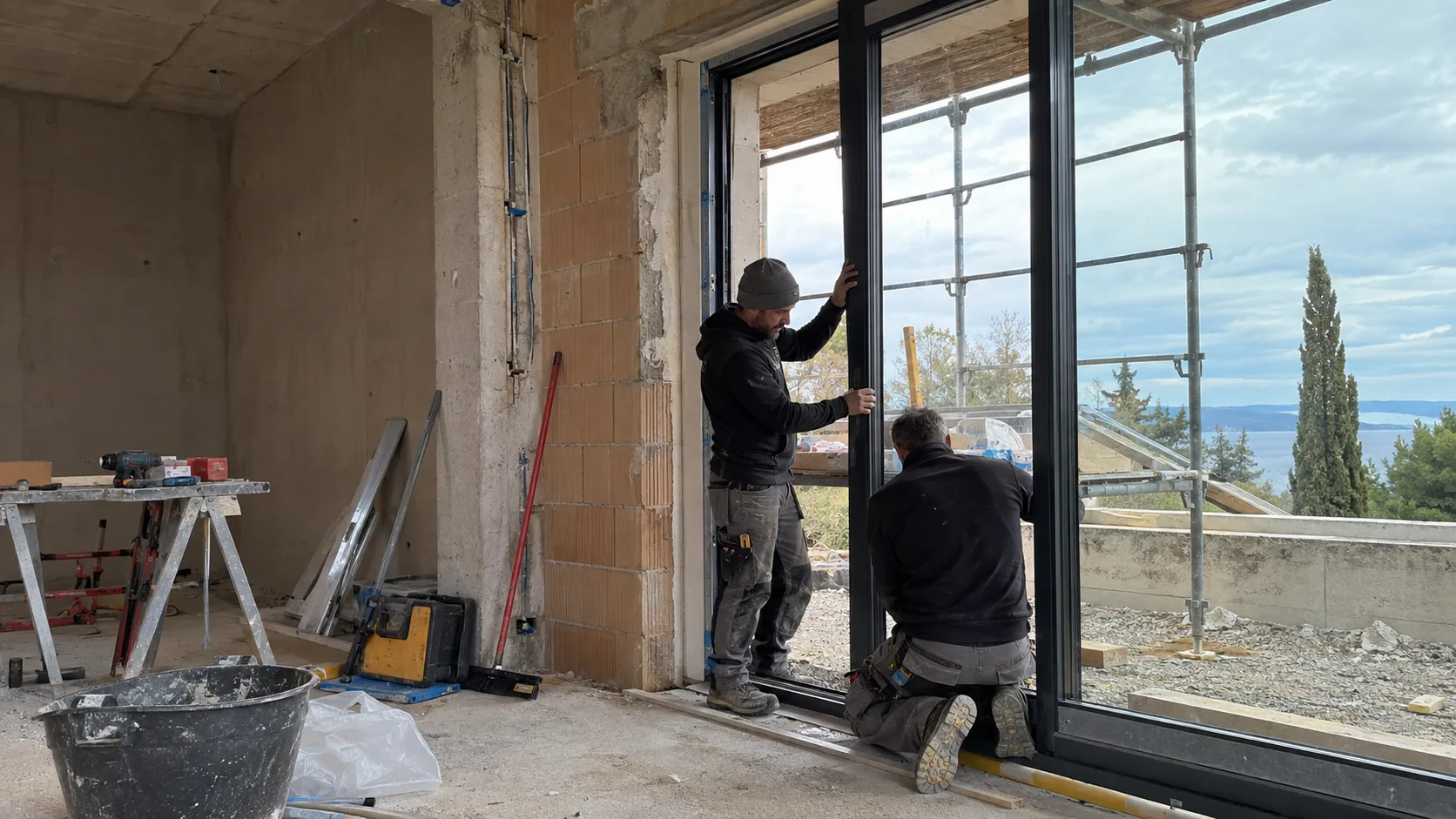 Installers fitting a dark aluminium window and door frame into unfinished masonry