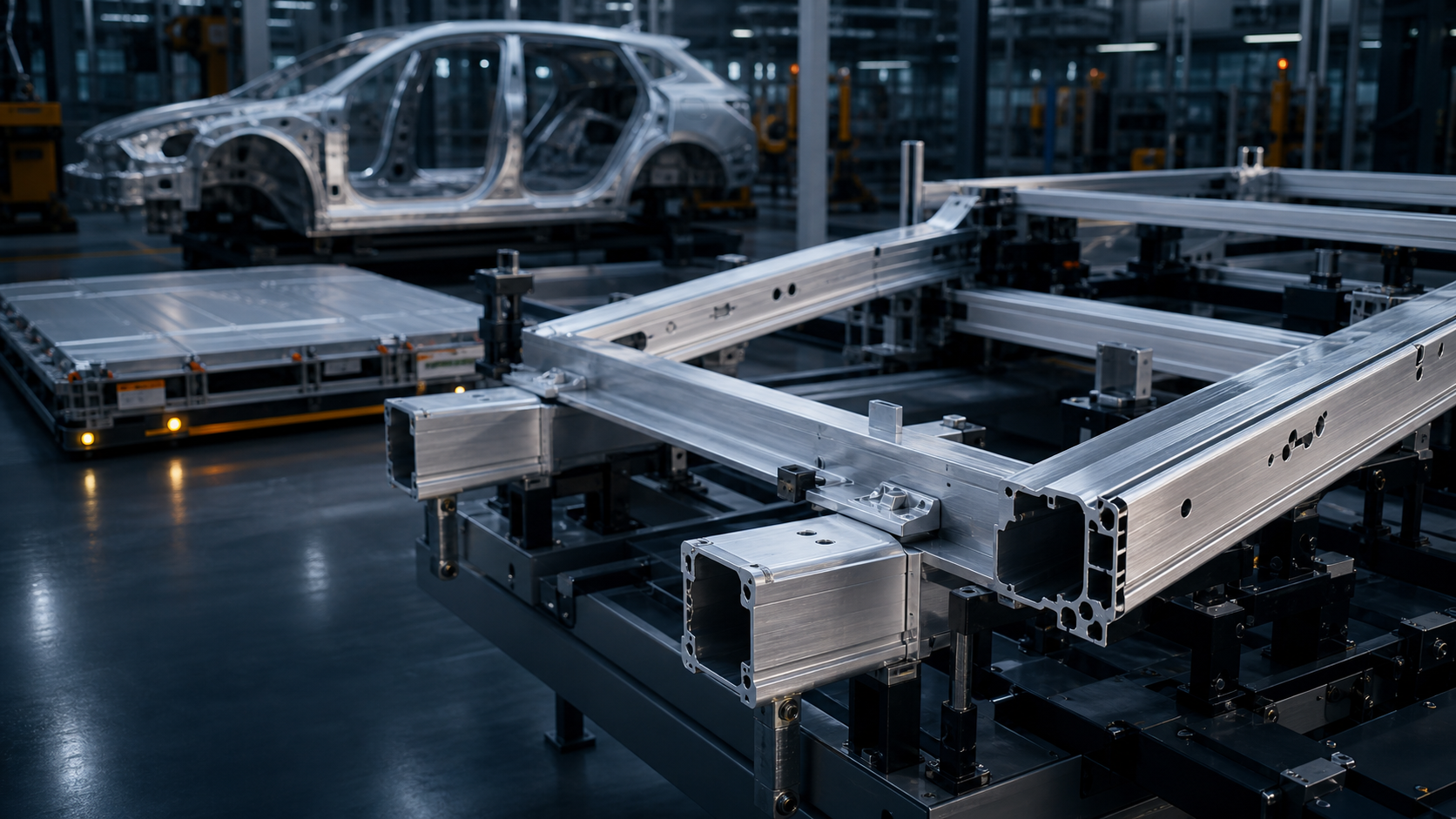 Aluminium extrusion battery-frame and vehicle structural profiles on an automotive assembly fixture