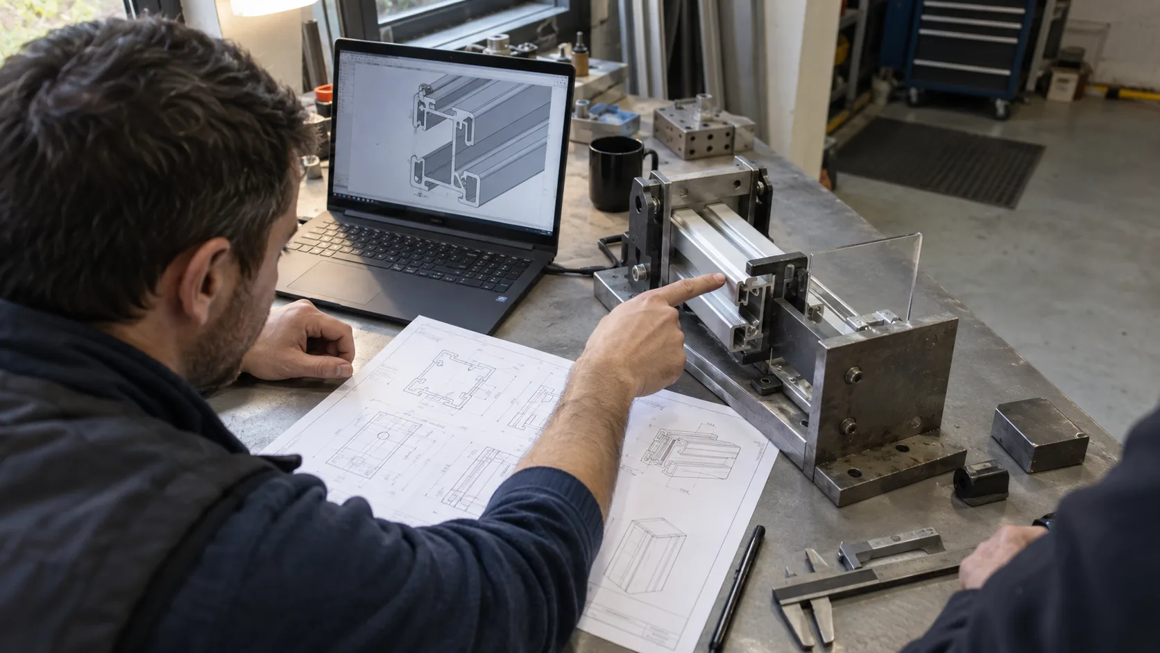 Engineer reviewing a custom aluminium extrusion drawing beside a sample profile with calipers