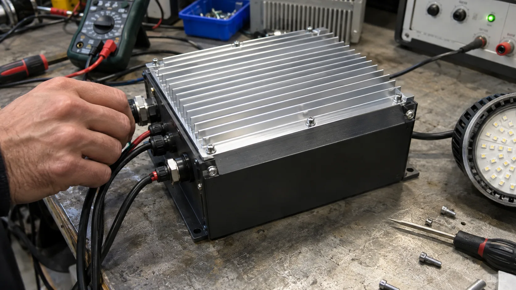 Finned aluminium heatsink mounted to a black electronics enclosure on a technical workbench