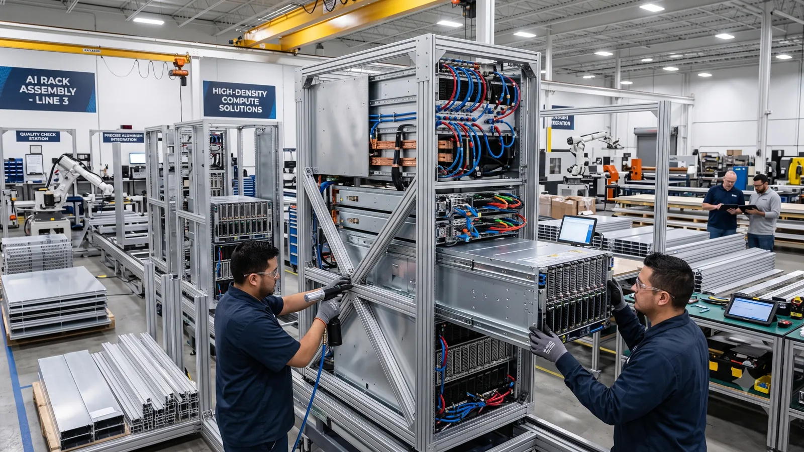 Technicians assembling aluminium-framed server racks and electronics enclosures