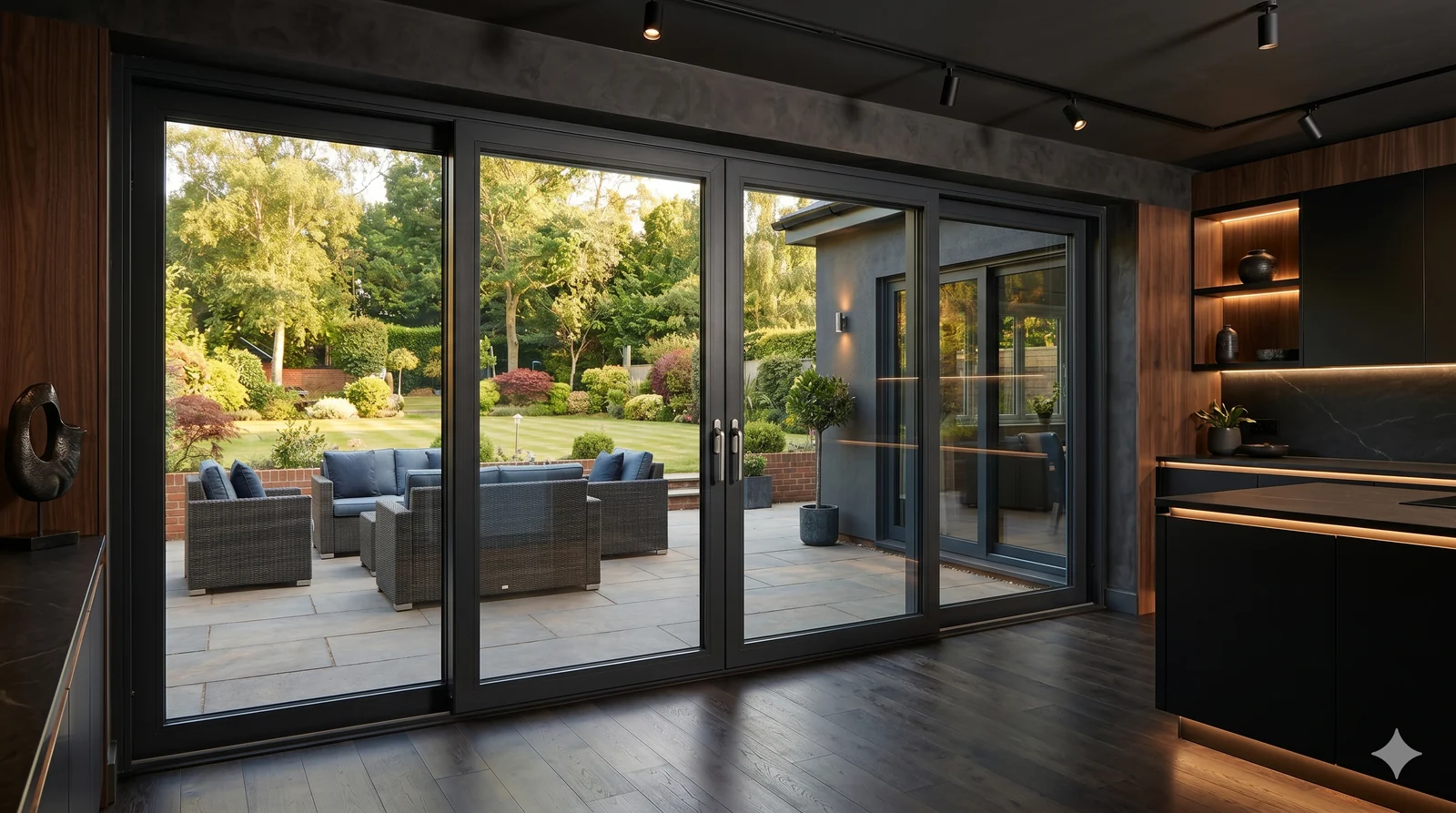 Dark aluminium sliding doors opening from a modern interior onto a landscaped garden