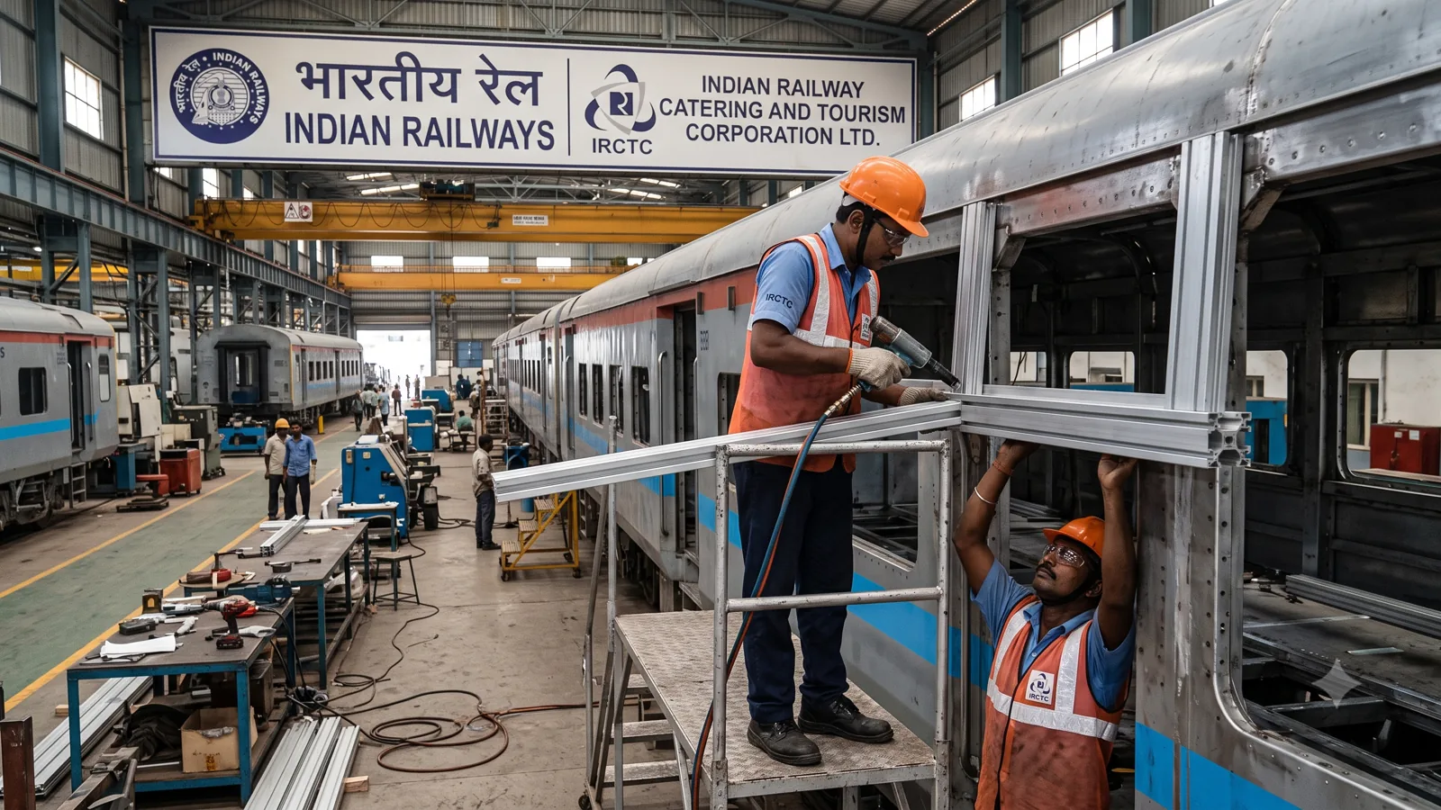 Technicians installing aluminium profiles during railway coach assembly