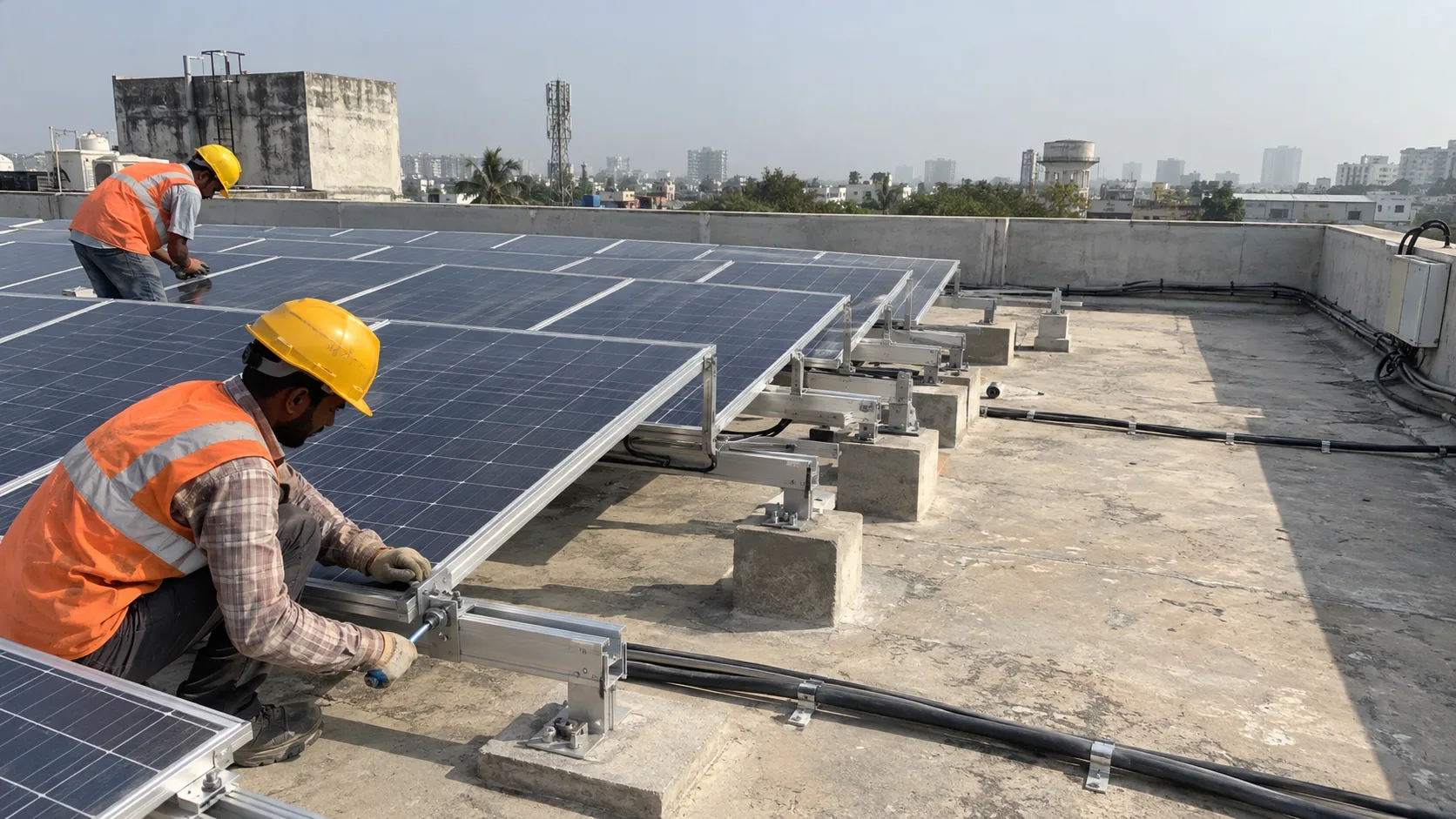 Workers installing aluminium solar mounting rails and brackets beside rooftop solar panels