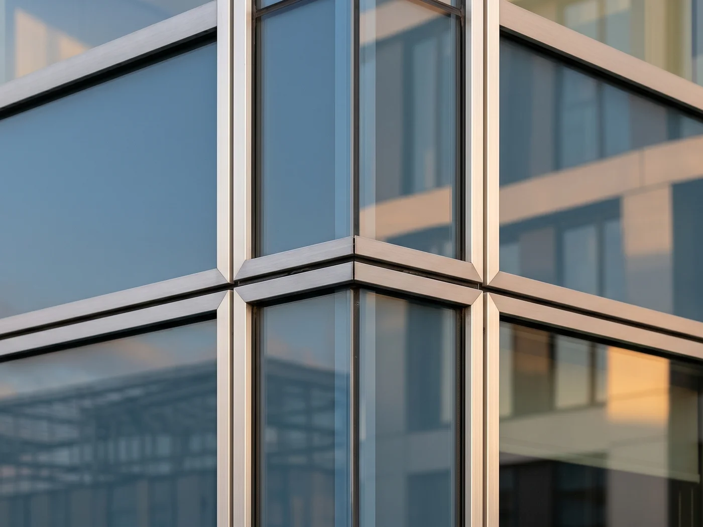 Abstract aluminium facade profiles framing blue glazing panels