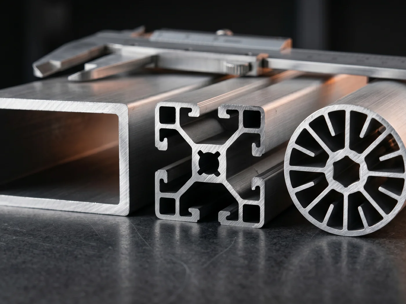 Abstract asymmetrical hollow aluminium profile with a technical measurement marker