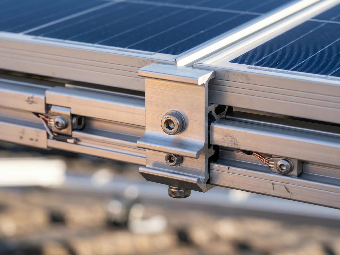 Abstract blue solar module supported by silver aluminium rails